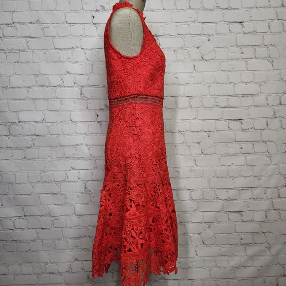 Bardot Elise Crochet Lace Dress in Poppy Red Sleeveless High Neck S/6 - Picture 7 of 15